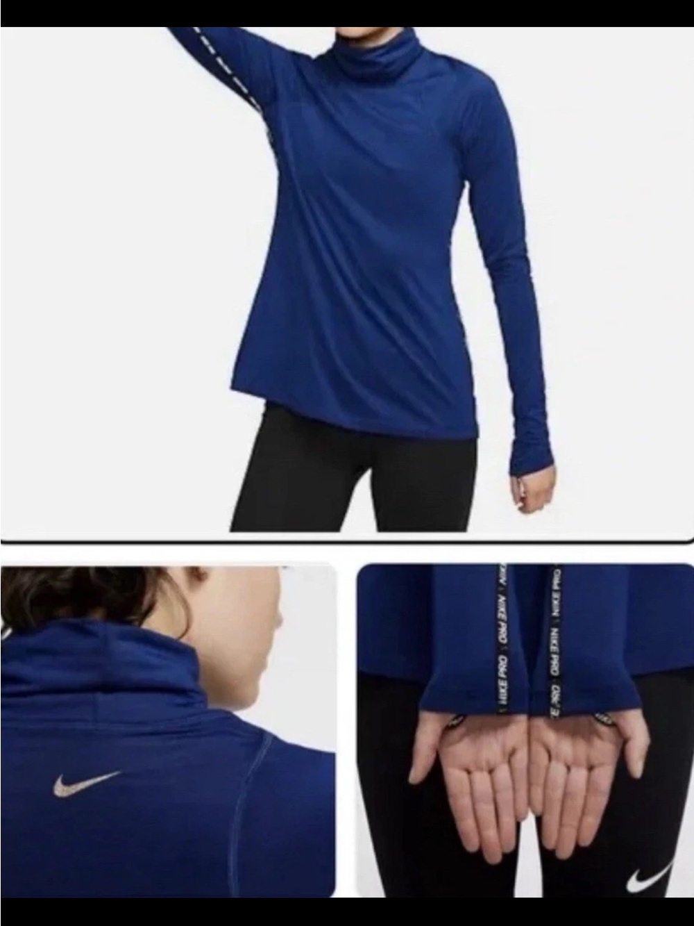 NikePro Womens Medium Blue Turtleneck Dri Fit Running Glitter Swoosh Long Sleeve
